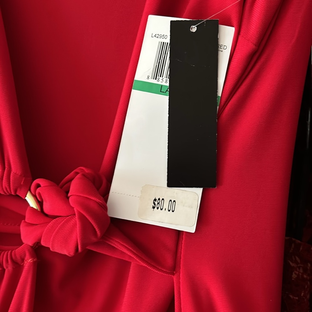 Wrap Dress Lemmi for Nina Leonard NWT RED Poly/Spandex Size Lrg Gold Belt Loop - Picture 11 of 14